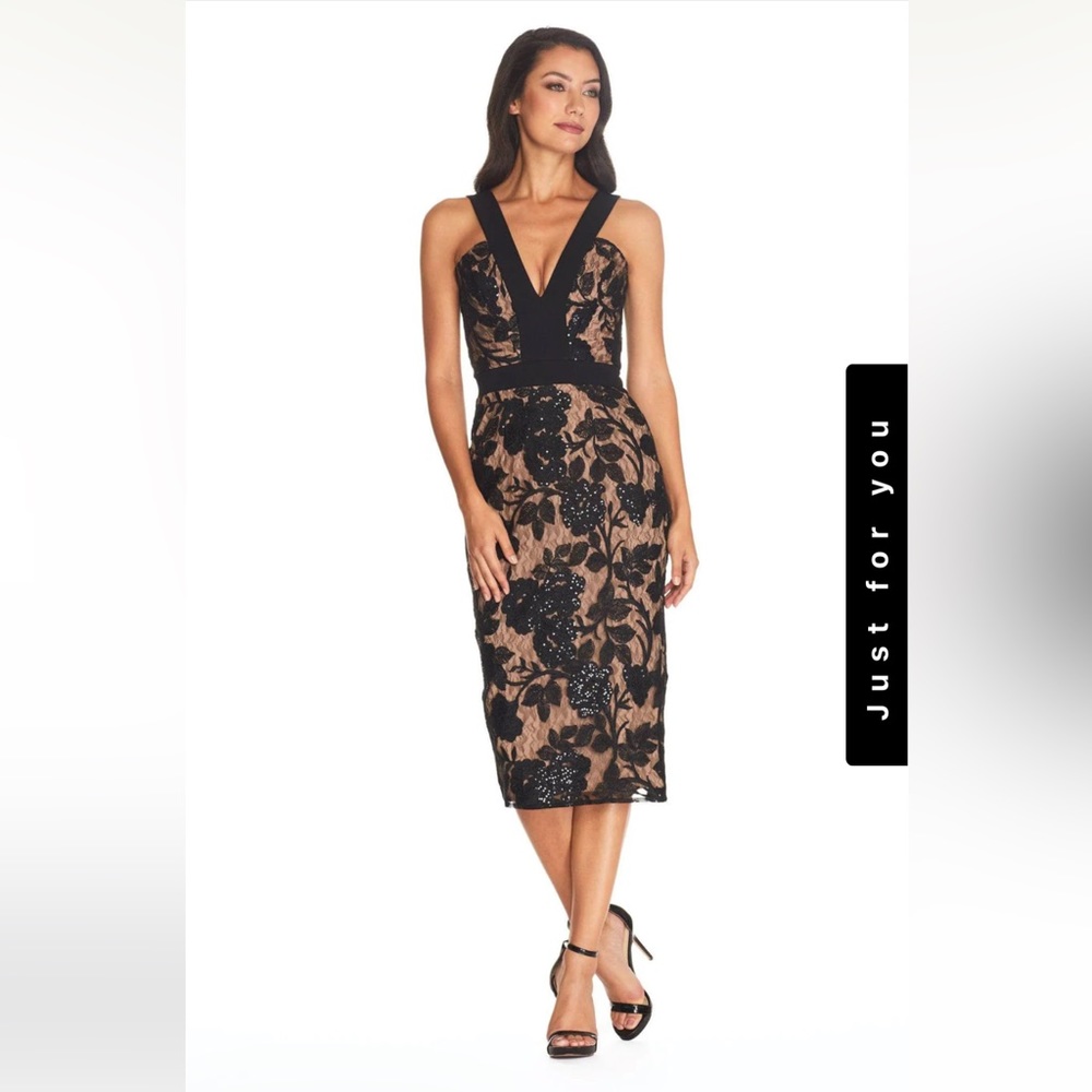 DRESS THE POPULATION Aspen Floral Lace Sheath Midi Dress Black Size XS